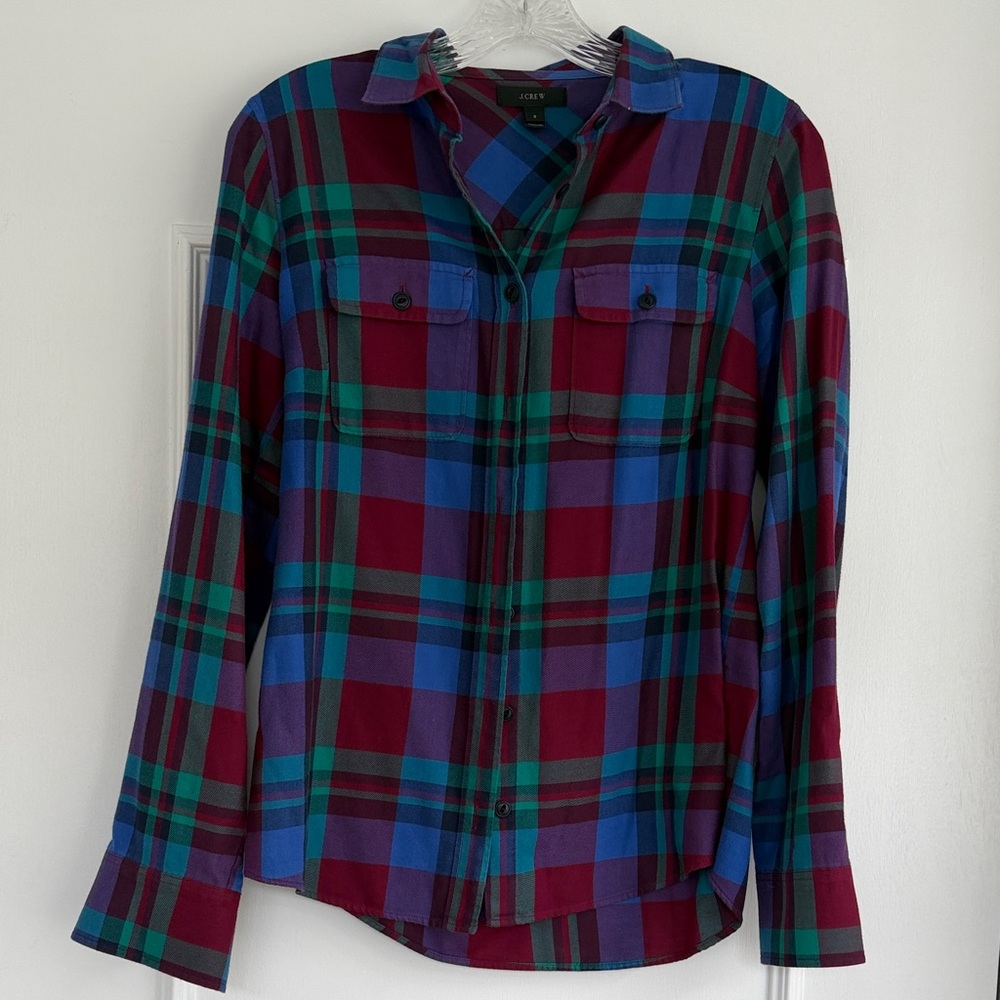 J. Crew Plaid Brushed Cotton Button Down Shirt in Burgundy, Blue & Green